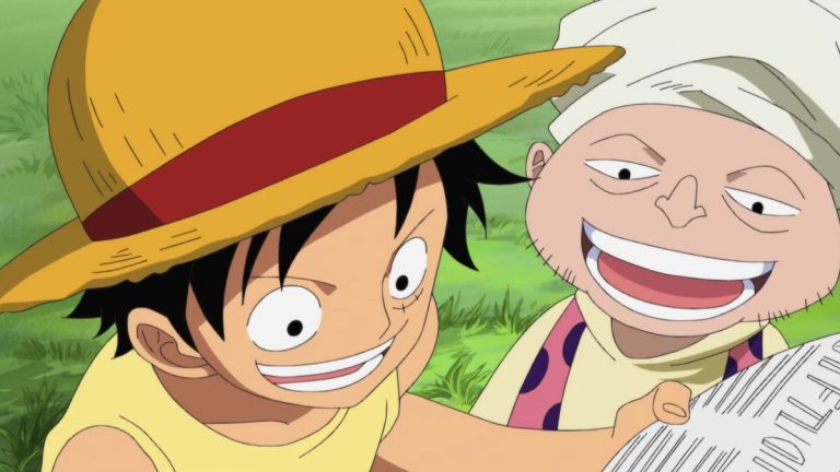 Official One Piece Episode 504 story scene from Gray Terminal, Goa Kingdom, young Luffy, Ace, Sabo, Dadan, Bluejam, Dragon, Saint Jalmack, Garp, Makino, Jinbe, and the Straw Hats