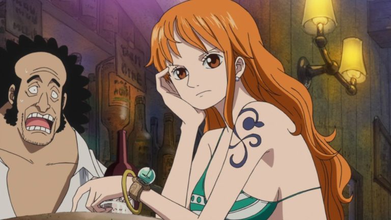 Official One Piece Episode 517 story scene from Return to Sabaody, the Fake Straw Hats, Demalo Black, Brook as Soul King, Caribou, Sentomaru, Pacifistas, Rayleigh, and the Straw Hat reunion