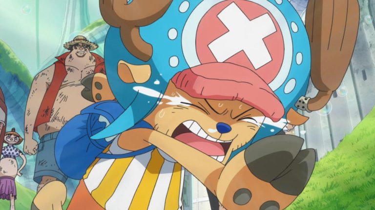 Official One Piece Episode 519 story scene from Return to Sabaody, the Fake Straw Hats, Demalo Black, Brook as Soul King, Caribou, Sentomaru, Pacifistas, Rayleigh, and the Straw Hat reunion