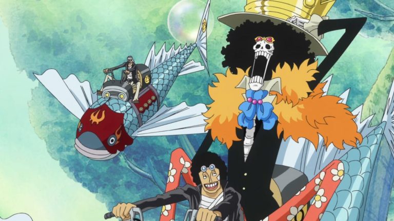 Official One Piece Episode 521 story scene from Return to Sabaody, the Fake Straw Hats, Demalo Black, Brook as Soul King, Caribou, Sentomaru, Pacifistas, Rayleigh, and the Straw Hat reunion