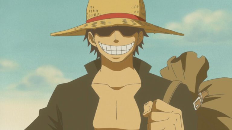 Official One Piece Episode 523 story scene from Straw Hat reunion, Thousand Sunny departure, Bartholomew Kuma, Caribou Pirates, Momoo, Kraken Surume, deep-sea currents, and the route to Fish-Man Island