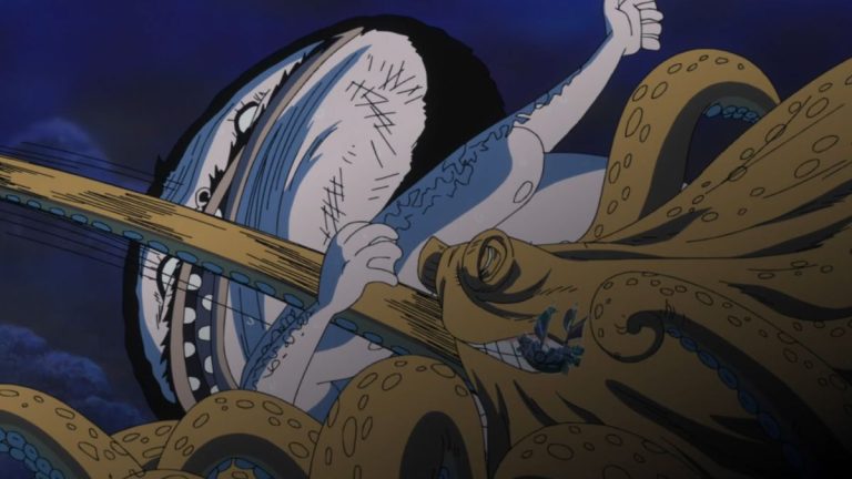 Official One Piece Episode 526 story scene from Straw Hat reunion, Thousand Sunny departure, Bartholomew Kuma, Caribou Pirates, Momoo, Kraken Surume, deep-sea currents, and the route to Fish-Man Island