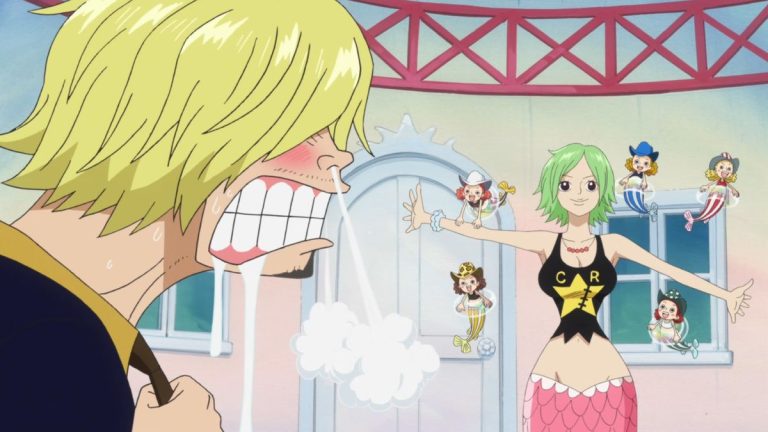 Official One Piece Episode 527 story scene from Fish-Man Island arrival, Hammond, the New Fish-Man Pirates, Mermaid Cove, Sanji’s blood crisis, Camie, Pappag, Madam Shyarly, King Neptune, Ryugu Palace, and Princess Shirahoshi