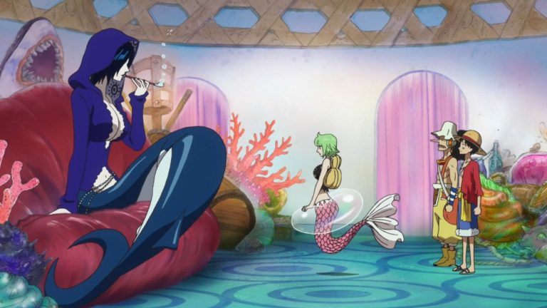 Official One Piece Episode 529 story scene from Fish-Man Island arrival, Hammond, the New Fish-Man Pirates, Mermaid Cove, Sanji’s blood crisis, Camie, Pappag, Madam Shyarly, King Neptune, Ryugu Palace, and Princess Shirahoshi