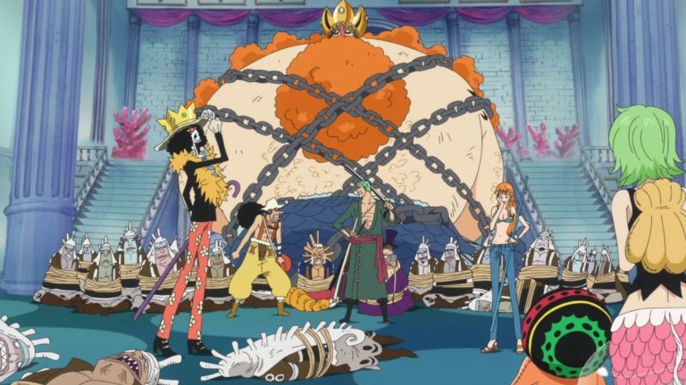 Official One Piece Episode 533 story scene from Princess Shirahoshi, Hard-Shell Tower, Vander Decken IX, King Neptune, Ryugu Palace, Hody Jones, the New Fish-Man Pirates, Energy Steroids, and Zoro’s underwater battle