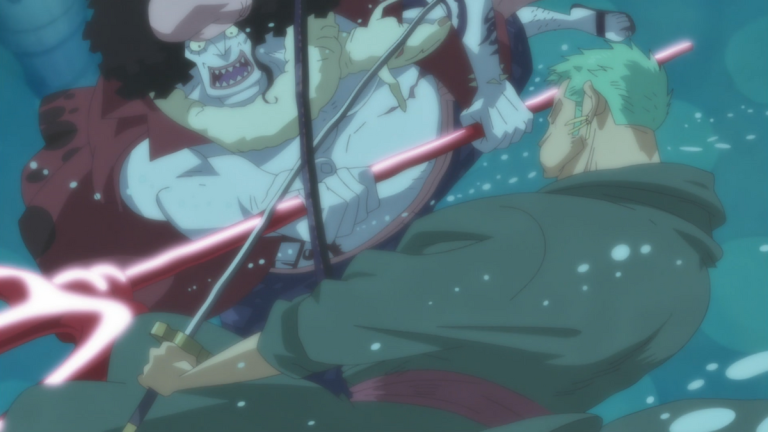 Official One Piece Episode 536 story scene from Princess Shirahoshi, Hard-Shell Tower, Vander Decken IX, King Neptune, Ryugu Palace, Hody Jones, the New Fish-Man Pirates, Energy Steroids, and Zoro’s underwater battle