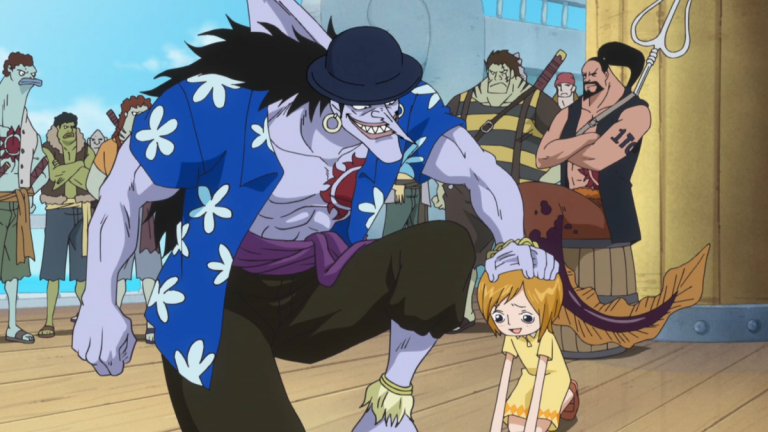 Official One Piece Episode 543 story scene from Toriko crossover special, Chopper, Fisher Tiger, Koala, Jinbe, Arlong, the Sun Pirates, Queen Otohime, Saint Mjosgard, Shirahoshi, and the petition assassination