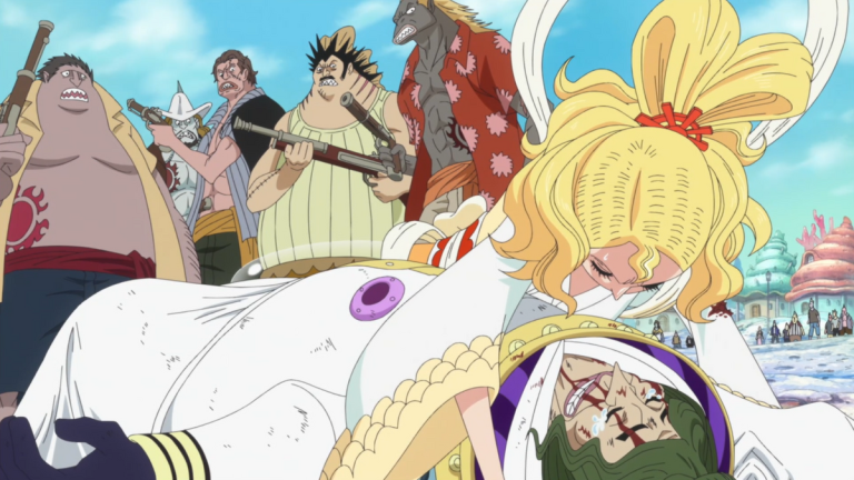 Official One Piece Episode 545 story scene from Toriko crossover special, Chopper, Fisher Tiger, Koala, Jinbe, Arlong, the Sun Pirates, Queen Otohime, Saint Mjosgard, Shirahoshi, and the petition assassination