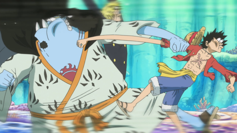 Official One Piece Episode 549 story scene from Nami, Jinbe, Arlong, Hody Jones, King Neptune, the Ryugu princes, Energy Steroids, Shirahoshi, the New Fish-Man Pirates, and Gyoncorde Plaza
