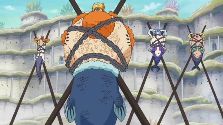 Official One Piece Episode 552 story scene from Hody Jones, Queen Otohime, Shirahoshi, Luffy, Jinbe, Conqueror’s Haki, Zoro, Sanji, the Straw Hats, Franky, the Brachio Tank, and the Thousand Sunny