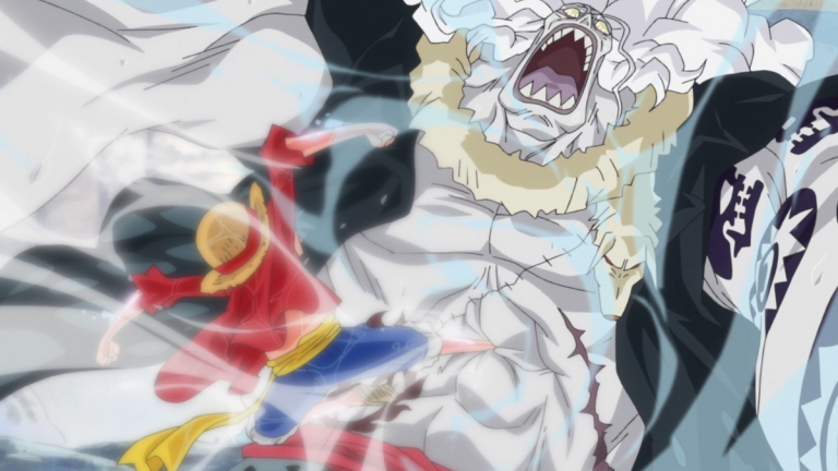 Official One Piece Episode 553 story scene from Hody Jones, Queen Otohime, Shirahoshi, Luffy, Jinbe, Conqueror’s Haki, Zoro, Sanji, the Straw Hats, Franky, the Brachio Tank, and the Thousand Sunny