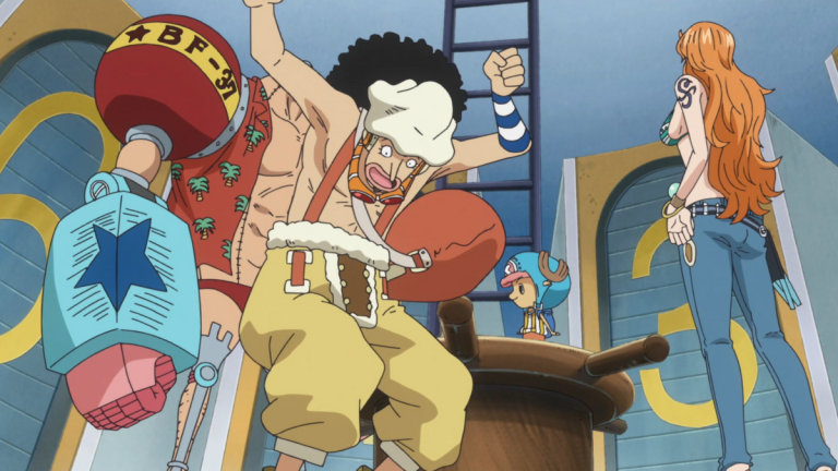 Official One Piece Episode 556 story scene from Hody Jones, Queen Otohime, Shirahoshi, Luffy, Jinbe, Conqueror’s Haki, Zoro, Sanji, the Straw Hats, Franky, the Brachio Tank, and the Thousand Sunny