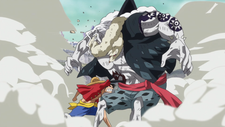 Official One Piece Episode 558 story scene from General Franky, the Thousand Sunny, Noah, Shirahoshi, Vander Decken IX, Luffy, Hody Jones, Gyoncorde Plaza, and the New Fish-Man Pirate officers