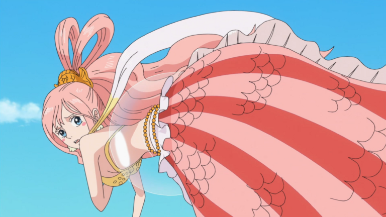 Official One Piece Episode 559 story scene from General Franky, the Thousand Sunny, Noah, Shirahoshi, Vander Decken IX, Luffy, Hody Jones, Gyoncorde Plaza, and the New Fish-Man Pirate officers