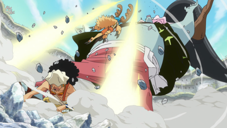 Official One Piece Episode 561 story scene from General Franky, the Thousand Sunny, Noah, Shirahoshi, Vander Decken IX, Luffy, Hody Jones, Gyoncorde Plaza, and the New Fish-Man Pirate officers