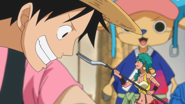 Official One Piece Episode 575 story scene from Fish-Man Island farewell, Shirahoshi, Jinbe, the New World, Lily Enstomach, Panz Fry, Shuzo, the Neo Marines, and the Z’s Ambition Film Z tie-in