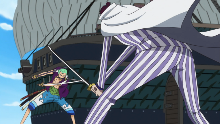 Official One Piece Episode 577 story scene from Lily Enstomach, Panz Fry, Shuzo, the Neo Marines, the Z’s Ambition Film Z tie-in finale, Punk Hazard, the giant dragon, Kin’emon, and Momonosuke