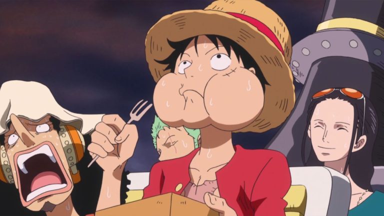 Official One Piece Episode 579 story scene from Lily Enstomach, Panz Fry, Shuzo, the Neo Marines, the Z’s Ambition Film Z tie-in finale, Punk Hazard, the giant dragon, Kin’emon, and Momonosuke