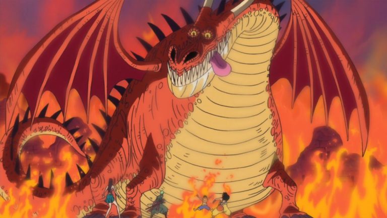 Official One Piece Episode 580 story scene from Lily Enstomach, Panz Fry, Shuzo, the Neo Marines, the Z’s Ambition Film Z tie-in finale, Punk Hazard, the giant dragon, Kin’emon, and Momonosuke