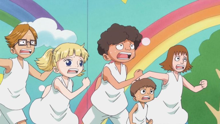 Official One Piece Episode 583 story scene from Punk Hazard, Akainu and Aokiji’s climate scars, Kin’emon, Momonosuke, the giant children, Brownbeard, Trafalgar Law, Smoker, G-5, and the hidden master Caesar Clown