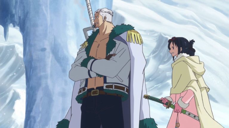 Official One Piece Episode 585 story scene from Punk Hazard, Akainu and Aokiji’s climate scars, Kin’emon, Momonosuke, the giant children, Brownbeard, Trafalgar Law, Smoker, G-5, and the hidden master Caesar Clown