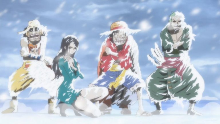 Official One Piece Episode 586 story scene from Punk Hazard, Akainu and Aokiji’s climate scars, Kin’emon, Momonosuke, the giant children, Brownbeard, Trafalgar Law, Smoker, G-5, and the hidden master Caesar Clown