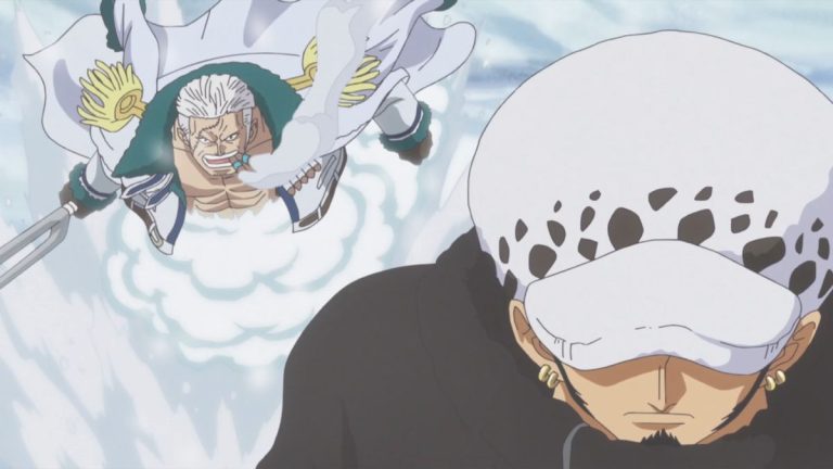 Official One Piece Episode 587 story scene from Trafalgar Law, Smoker, Tashigi, G-5, Caesar Clown, Monet, the giant children, Chopper, Kin’emon, plus the explicitly non-canon Toriko and Dragon Ball Z Dream 9 crossover