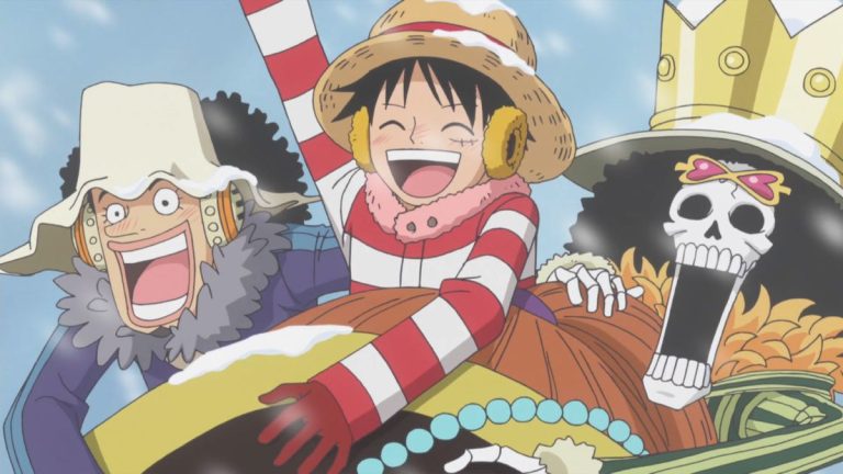 Official One Piece Episode 588 story scene from Trafalgar Law, Smoker, Tashigi, G-5, Caesar Clown, Monet, the giant children, Chopper, Kin’emon, plus the explicitly non-canon Toriko and Dragon Ball Z Dream 9 crossover
