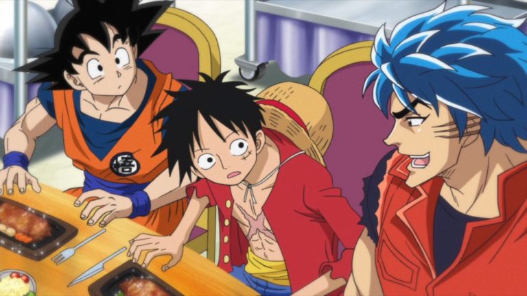 Official One Piece Episode 590 story scene from Trafalgar Law, Smoker, Tashigi, G-5, Caesar Clown, Monet, the giant children, Chopper, Kin’emon, plus the explicitly non-canon Toriko and Dragon Ball Z Dream 9 crossover
