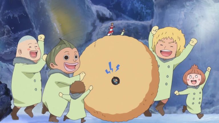 Official One Piece Episode 591 story scene from Trafalgar Law, Smoker, Tashigi, G-5, Caesar Clown, Monet, the giant children, Chopper, Kin’emon, plus the explicitly non-canon Toriko and Dragon Ball Z Dream 9 crossover