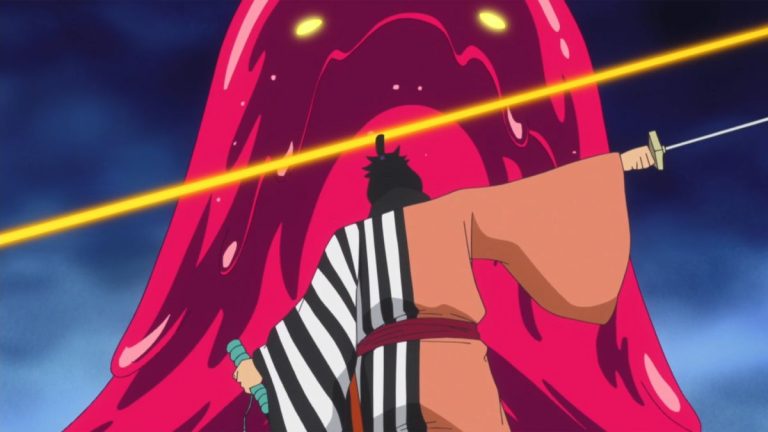 Official One Piece Episode 598 story scene from Caesar Clown, Luffy, Law, Smoker, Vergo, Doflamingo and Joker, Kin’emon, Sanji, the giant children, Nami, Usopp, Smiley, Shinokuni, and the underworld weapons market