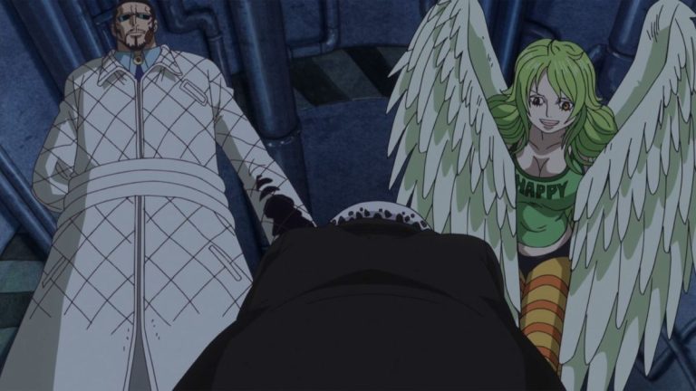 Official One Piece Episode 599 story scene from Caesar Clown, Luffy, Law, Smoker, Vergo, Doflamingo and Joker, Kin’emon, Sanji, the giant children, Nami, Usopp, Smiley, Shinokuni, and the underworld weapons market