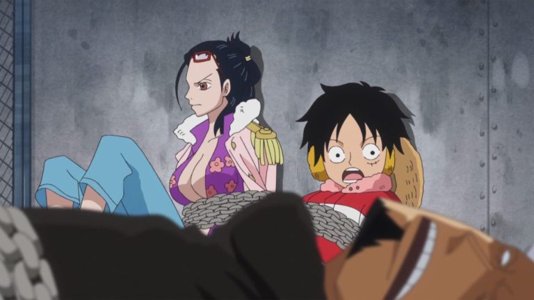 Official One Piece Episode 601 story scene from Caesar Clown, Luffy, Law, Smoker, Vergo, Doflamingo and Joker, Kin’emon, Sanji, the giant children, Nami, Usopp, Smiley, Shinokuni, and the underworld weapons market