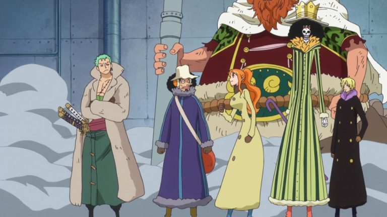 Official One Piece Episode 604 story scene from Shinokuni, Caesar Clown, Smiley, Luffy, Trafalgar Law, Smoker, Robin, Franky, the Straw Hats, G-5, Tashigi, Vergo, Sanji, Building R, and the giant children