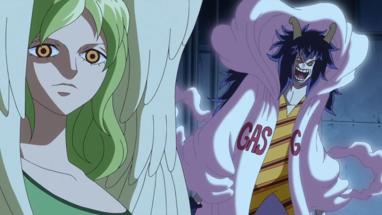 Official One Piece Episode 605 story scene from Shinokuni, Caesar Clown, Smiley, Luffy, Trafalgar Law, Smoker, Robin, Franky, the Straw Hats, G-5, Tashigi, Vergo, Sanji, Building R, and the giant children