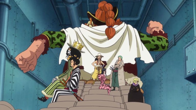 Official One Piece Episode 606 story scene from Shinokuni, Caesar Clown, Smiley, Luffy, Trafalgar Law, Smoker, Robin, Franky, the Straw Hats, G-5, Tashigi, Vergo, Sanji, Building R, and the giant children