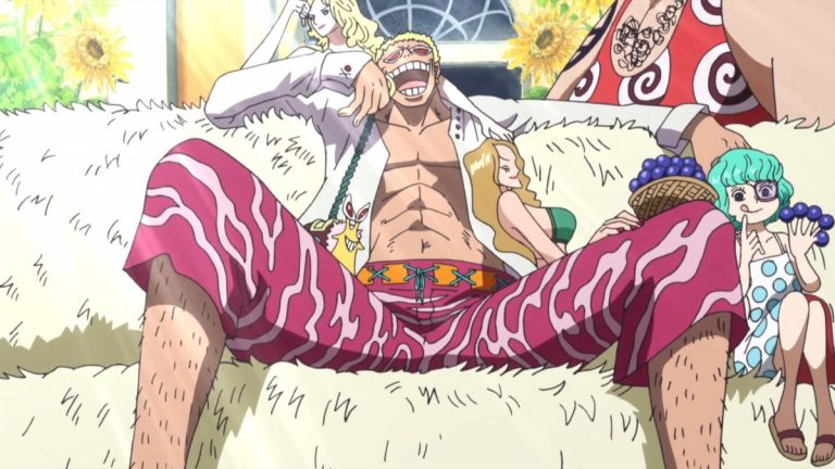 Official One Piece Episode 608 story scene from Luffy, Caesar Clown, Monet, Doflamingo, Trafalgar Law, SAD, Buffalo, Baby 5, Mocha, Nami, Chopper, Smoker, Vergo, G-5, Momonosuke, Kin’emon, and Punk Hazard
