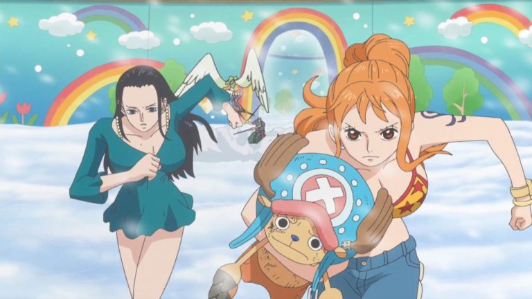 Official One Piece Episode 612 story scene from Monet, Zoro, Tashigi, Robin, Chopper, Mocha, the giant children, Brownbeard, Caesar Clown, Luffy, Smoker, Vergo, Trafalgar Law, G-5, Shinokuni, and Punk Hazard