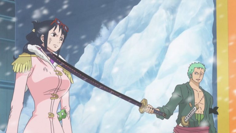 Official One Piece Episode 613 story scene from Monet, Zoro, Tashigi, Robin, Chopper, Mocha, the giant children, Brownbeard, Caesar Clown, Luffy, Smoker, Vergo, Trafalgar Law, G-5, Shinokuni, and Punk Hazard