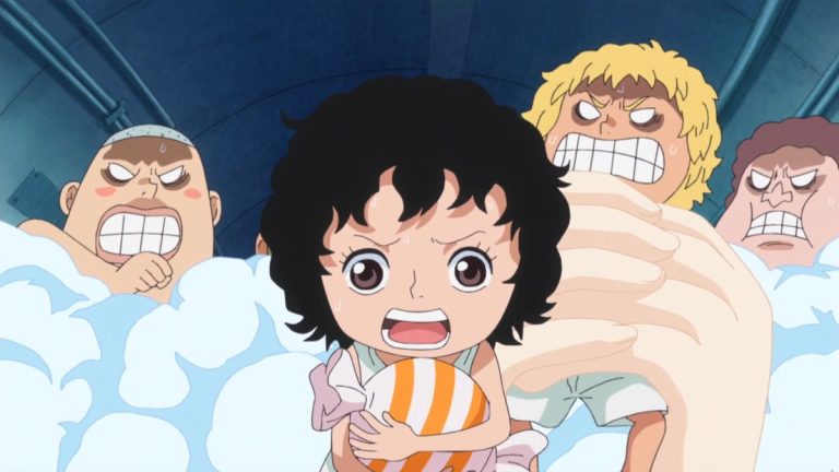 Official One Piece Episode 614 story scene from Monet, Zoro, Tashigi, Robin, Chopper, Mocha, the giant children, Brownbeard, Caesar Clown, Luffy, Smoker, Vergo, Trafalgar Law, G-5, Shinokuni, and Punk Hazard