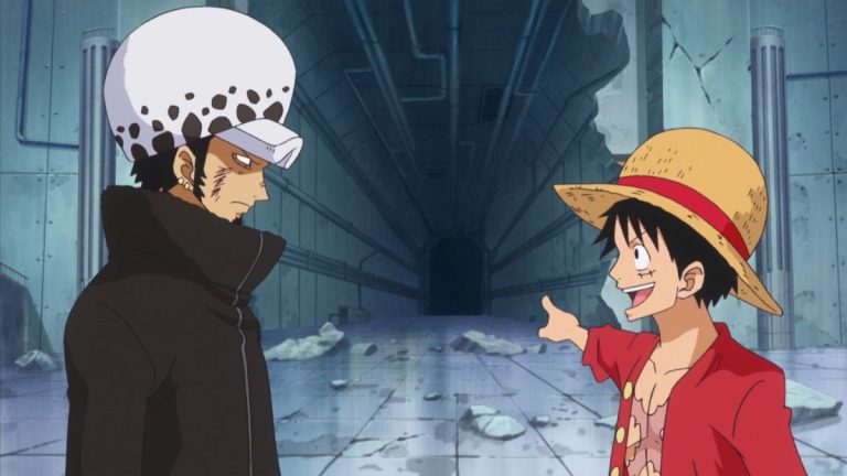 Official One Piece Episode 618 story scene from Luffy, Caesar Clown, Trafalgar Law, Vergo, Smoker, Doflamingo, Buffalo, Baby 5, Franky, General Franky, the Straw Hats, G-5, the giant children, Shinokuni, and Punk Hazard