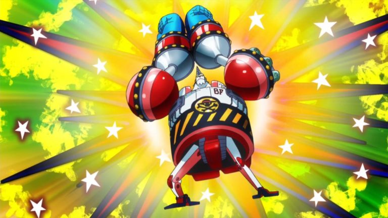Official One Piece Episode 619 story scene from Luffy, Caesar Clown, Trafalgar Law, Vergo, Smoker, Doflamingo, Buffalo, Baby 5, Franky, General Franky, the Straw Hats, G-5, the giant children, Shinokuni, and Punk Hazard