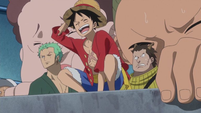Official One Piece Episode 620 story scene from Luffy, Caesar Clown, Trafalgar Law, Vergo, Smoker, Doflamingo, Buffalo, Baby 5, Franky, General Franky, the Straw Hats, G-5, the giant children, Shinokuni, and Punk Hazard