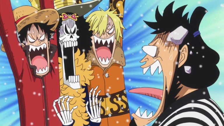 Official One Piece Episode 622 story scene from Momonosuke, Kin’emon, Nami, Tashigi, the giant children, G-5, Smoker, Doflamingo, Aokiji, Caesar Clown, Trafalgar Law, Breed, Kung-Fu Dugongs, the Straw Hats, Punk Hazard, and Dressrosa