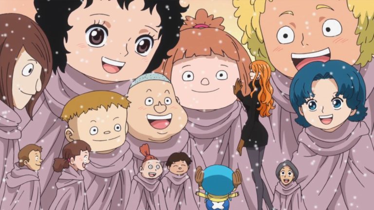 Official One Piece Episode 623 story scene from Momonosuke, Kin’emon, Nami, Tashigi, the giant children, G-5, Smoker, Doflamingo, Aokiji, Caesar Clown, Trafalgar Law, Breed, Kung-Fu Dugongs, the Straw Hats, Punk Hazard, and Dressrosa