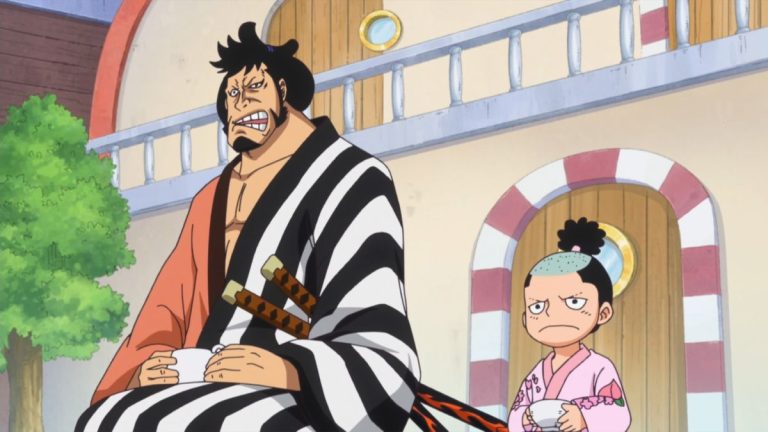 Official One Piece Episode 624 story scene from Momonosuke, Kin’emon, Nami, Tashigi, the giant children, G-5, Smoker, Doflamingo, Aokiji, Caesar Clown, Trafalgar Law, Breed, Kung-Fu Dugongs, the Straw Hats, Punk Hazard, and Dressrosa