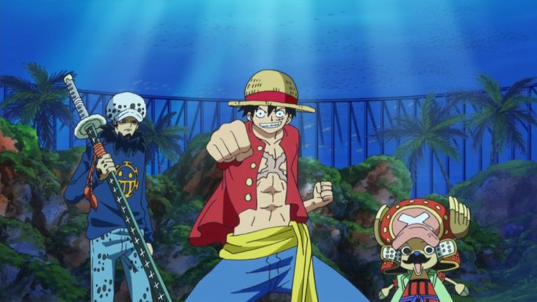 Official One Piece Episode 626 story scene from Momonosuke, Kin’emon, Nami, Tashigi, the giant children, G-5, Smoker, Doflamingo, Aokiji, Caesar Clown, Trafalgar Law, Breed, Kung-Fu Dugongs, the Straw Hats, Punk Hazard, and Dressrosa