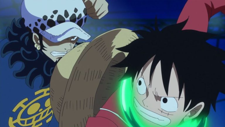 Official One Piece Episode 627 story scene from Breed, Luffy, Trafalgar Law, Caesar Clown, Kung-Fu Dugongs, Doflamingo, Ace, the Flame-Flame Fruit, Dressrosa, Fujitora, Zoro, Franky, Kin’emon, Kanjuro, the Corrida Colosseum, and the Straw Hats