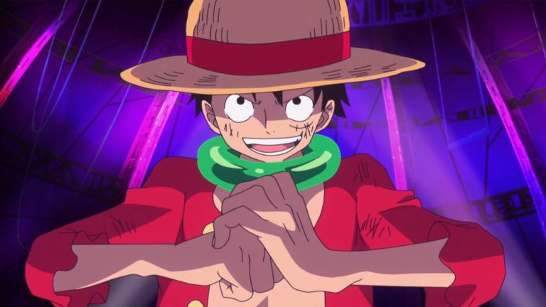 Official One Piece Episode 628 story scene from Breed, Luffy, Trafalgar Law, Caesar Clown, Kung-Fu Dugongs, Doflamingo, Ace, the Flame-Flame Fruit, Dressrosa, Fujitora, Zoro, Franky, Kin’emon, Kanjuro, the Corrida Colosseum, and the Straw Hats