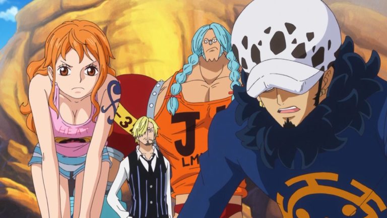 Official One Piece Episode 630 story scene from Breed, Luffy, Trafalgar Law, Caesar Clown, Kung-Fu Dugongs, Doflamingo, Ace, the Flame-Flame Fruit, Dressrosa, Fujitora, Zoro, Franky, Kin’emon, Kanjuro, the Corrida Colosseum, and the Straw Hats